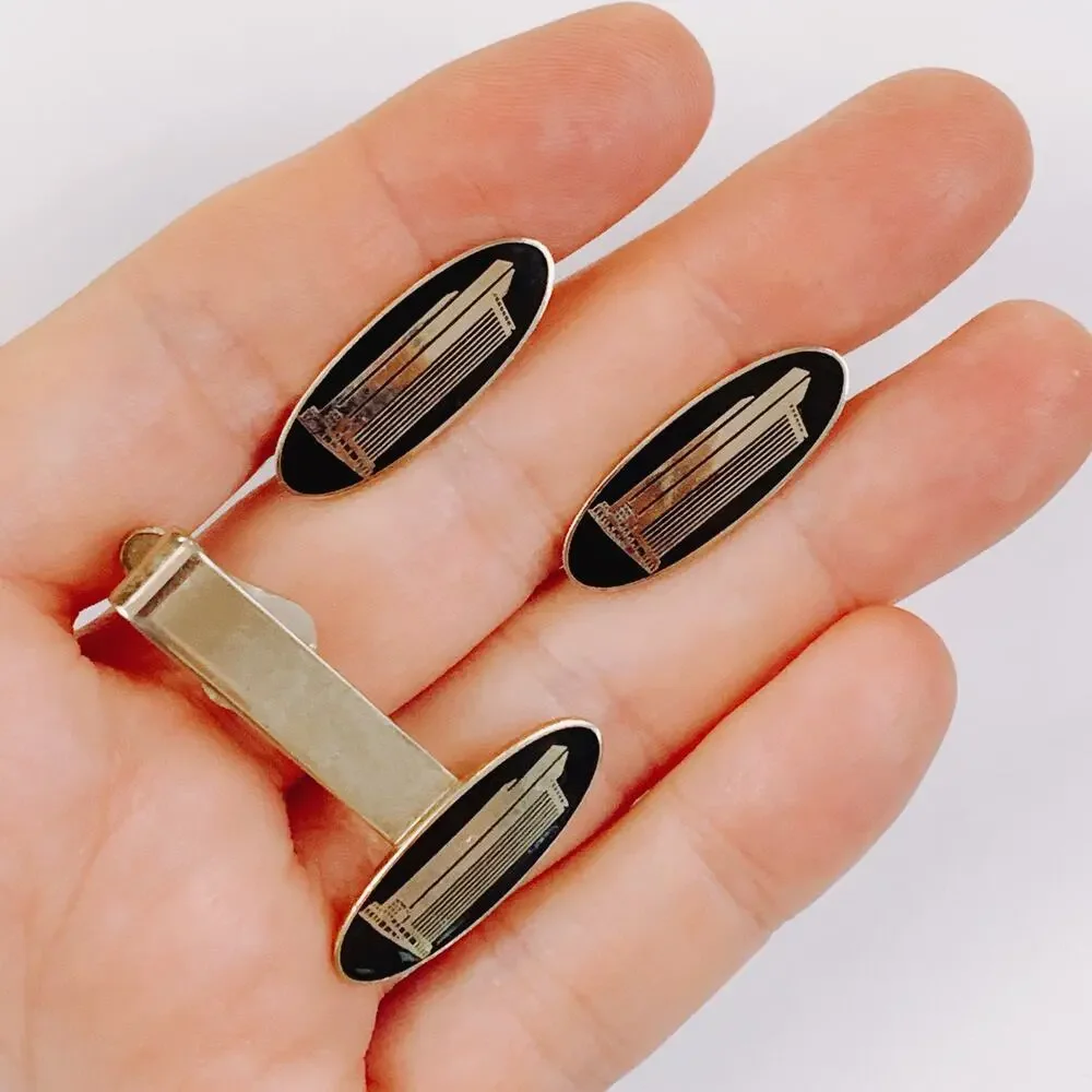 VTG Mid Century Black Cufflinks Tie Bar Chain 3-Piece Set Skyscraper Gold Tone